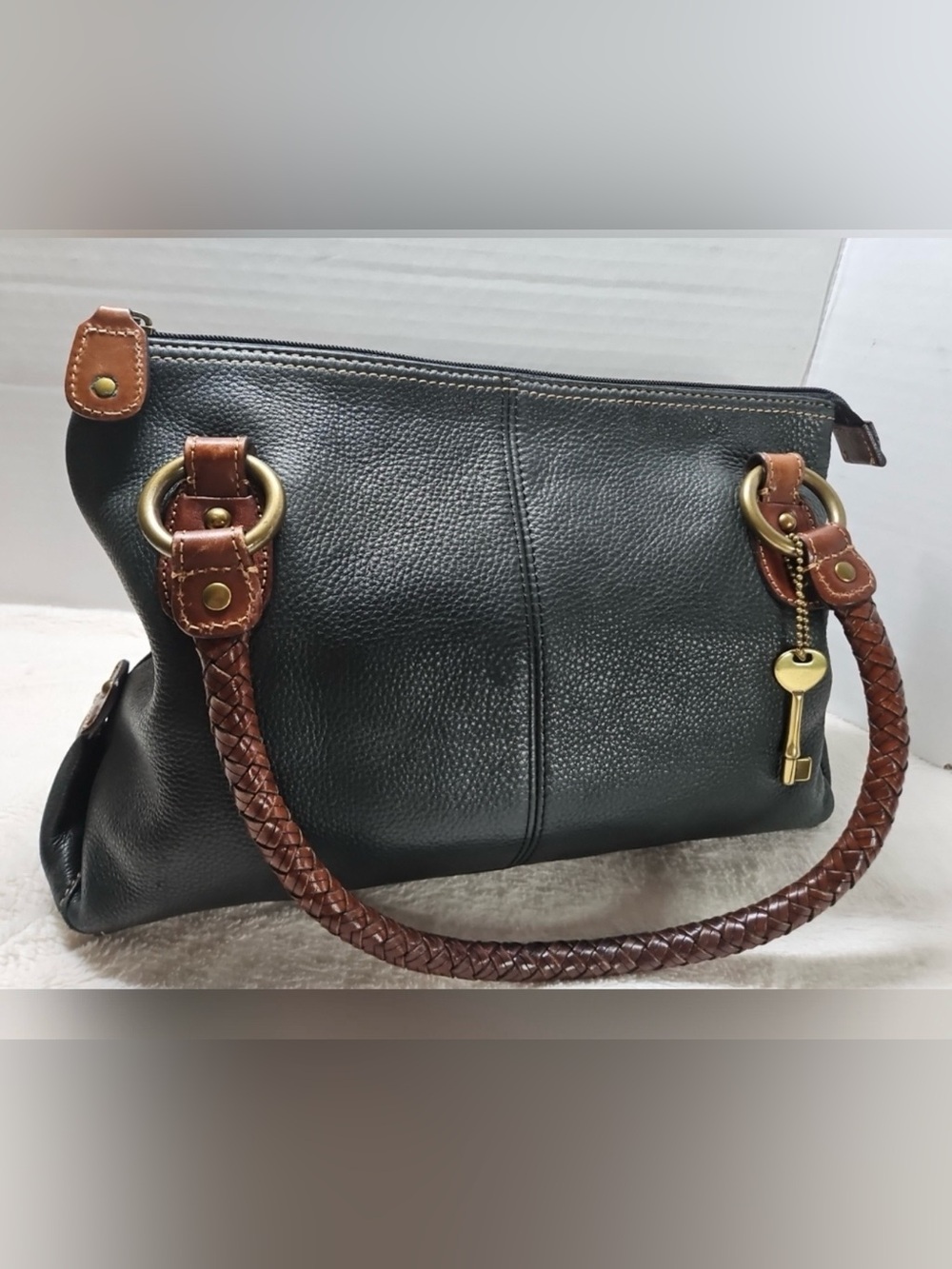 Fossil Black Leather Tote with Brown Braided Handles